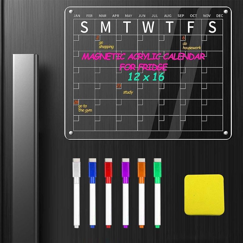 Photo 1 of Magnetic Fridge Calendar, Magnetic Acrylic Calendar for Fridge, 16"x12" Clear Magnetic Calendar for Fridge, Acrylic Magnetic Dry Erase Board for Fridge Includes 6 Colors Magnetic Marker Pens & Eraser
