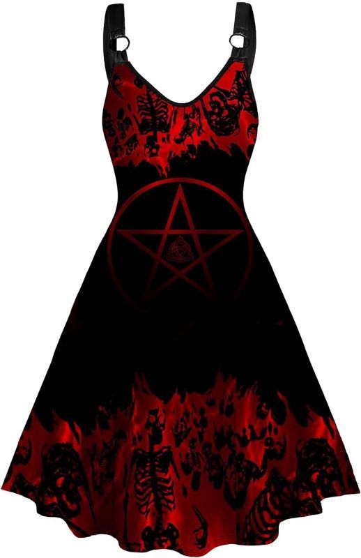 Photo 1 of FEAPHY Women's Gothic Dress Skull Print Sleeveless Tank Scoop Neck A-Line Midi Dress - 2XL