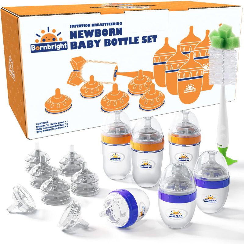 Photo 1 of Bornbright Silicone Baby Bottle and Pacifier Set Baby Feeding Bottles 8 Ounce Anti-Colic BPA-Free Breast-Like Nipples Closer to Nature Newborn Baby Feeding Starter Set 12 Piece Set
