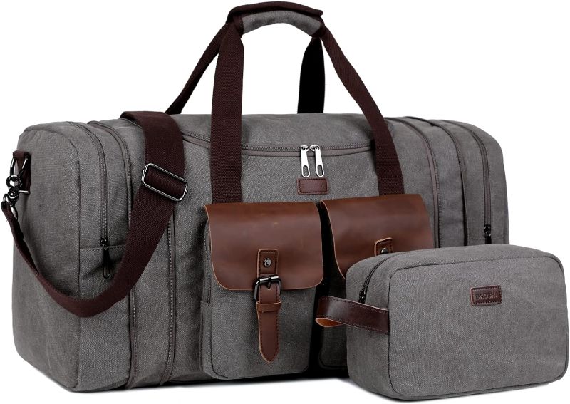 Photo 1 of Canvas Travel Duffel Bag For Men Women, [BUY 1 GET 3] Weekender Overnight Canvas Leather Bag, Carry On Large Capacity Bag with Toiletry Bag Dirty Clothes Bags For Traveling Gym Sports Gift (B-Grey)