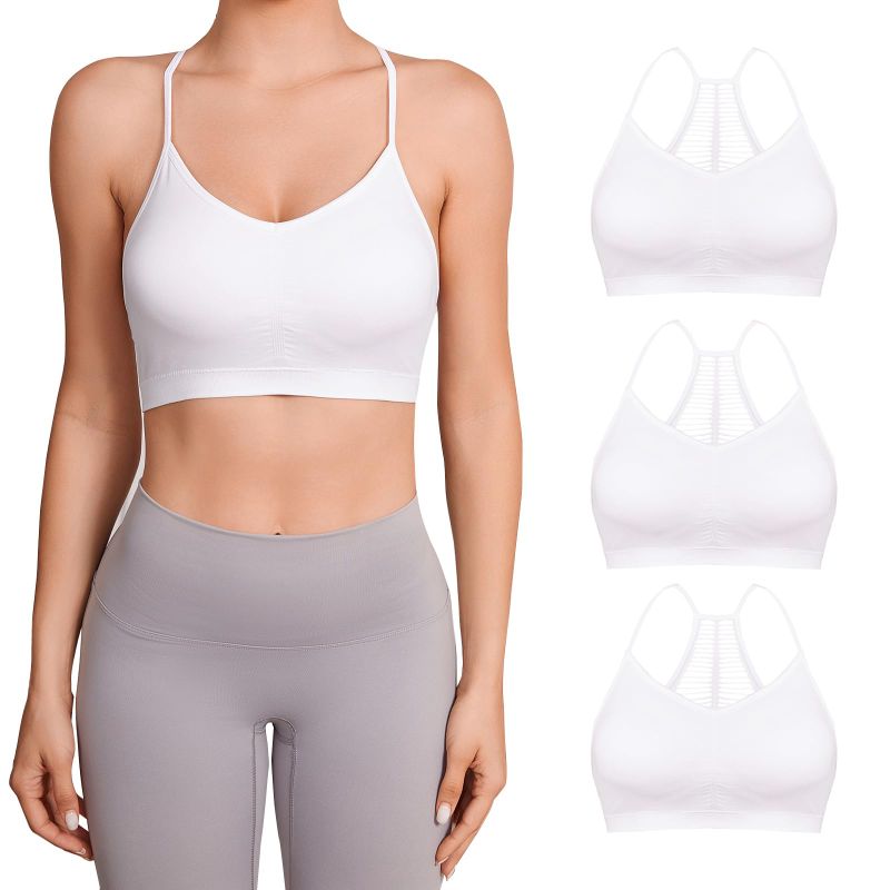 Photo 1 of FeinYee 3 Pack Women’s Sports Bra Set,V-Neck Racerback Padded Backless Thin Strappy Workout Yoga Bra Tops Low Impact Medium White 3 Pack