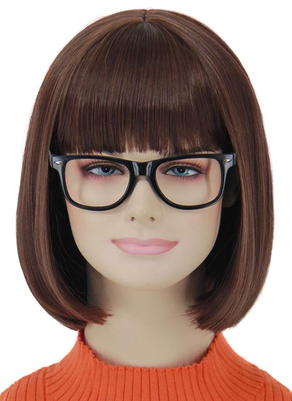 Photo 1 of Ariker Brown Bob Velma Wig with Black Glasses for Velma Costume Women Girls Short Cosplay Flapper Costume Wigs with Bangs for Halloween Party Cute Synthetic Hair Wig AK008BR