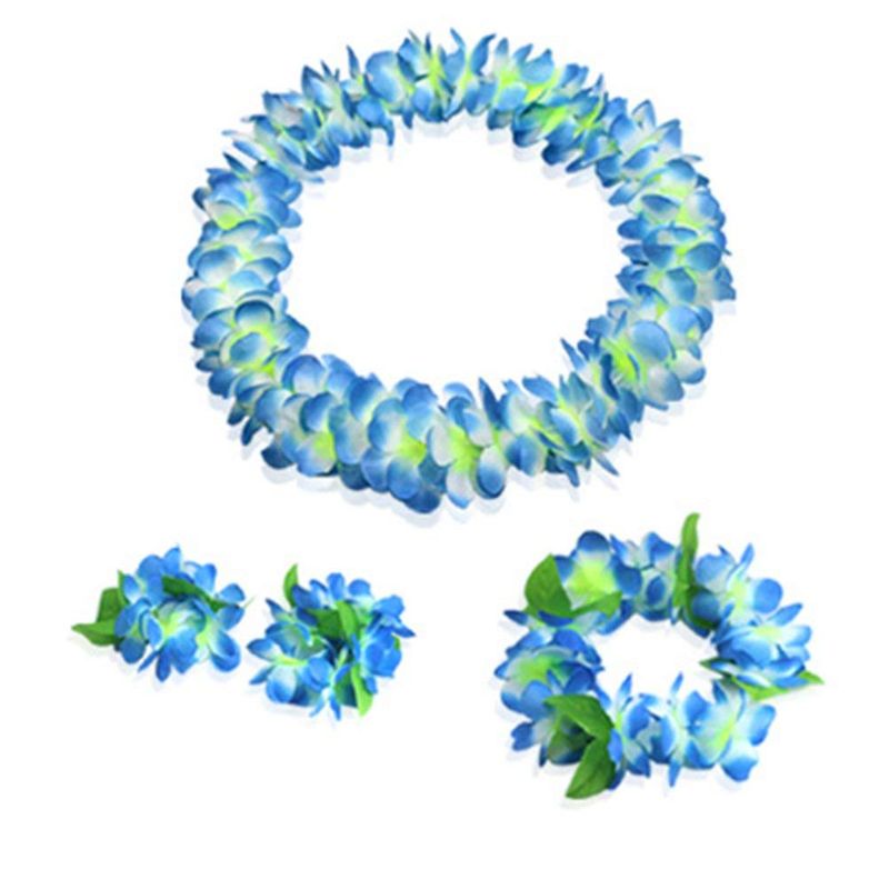 Photo 1 of 4 Pcs Blue Hawaiian Leis with Green Leaves for Graduation Party, Dance Party, Photo Prop in Outdoors (Blue)