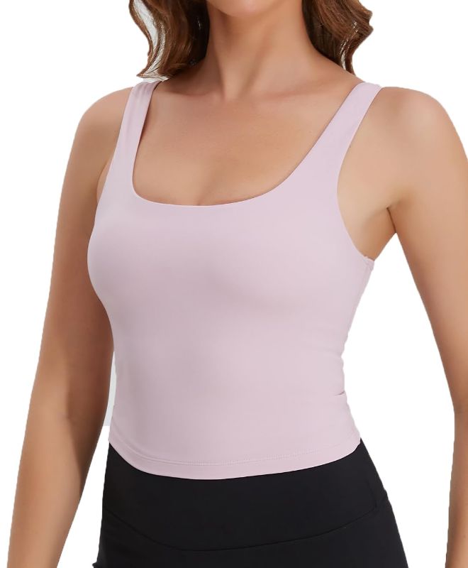 Photo 1 of Gauagbr Crop Tank Tops for Women Buttery Soft Workout Tank Tops Built in Bra Square Neck Longline Sports Bra - MEDIUM 