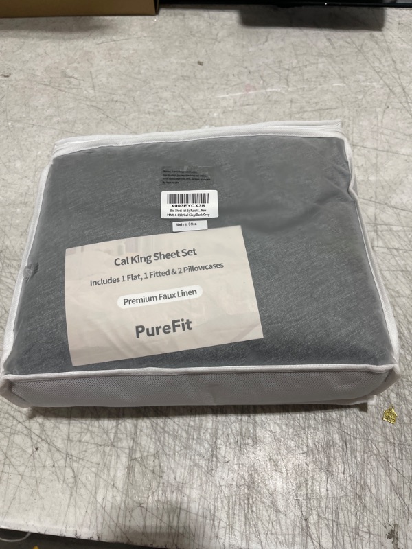 Photo 2 of PureFit Premium Linen-Textured Bed Sheets, Cal King Bed Sheet Set 4 Pieces Bedding (1 Flat Sheet,1 Fitted Sheet, 2 Pillowcases) with Deep Pocket, Breathable & Ultra Soft, Dark Grey Dark Gray California King