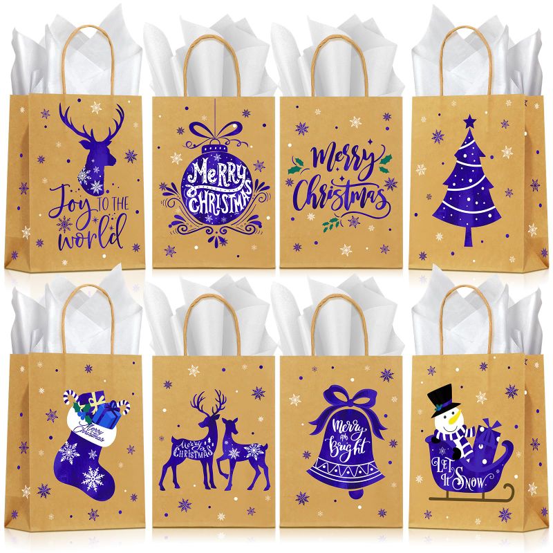 Photo 1 of 24Pcs Christmas Snowflake Gift Bags,Winter Onederland Purple Blue Treat Bags with 24Pcs White Tissue,8 Style Large Thick Paper Christmas Goodie Bag with Handles for Xmas New Year Holiday Party Favor