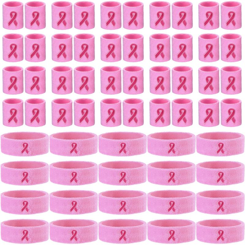 Photo 1 of 60 Pieces Breast Cancer Awareness Sweatbands Bulk Includes 20 Breast Cancer Ribbon Headband and 40 Sports Wristbands with Ribbon Pattern for Women Men Tennis Basketball Outdoor Athletic Pink