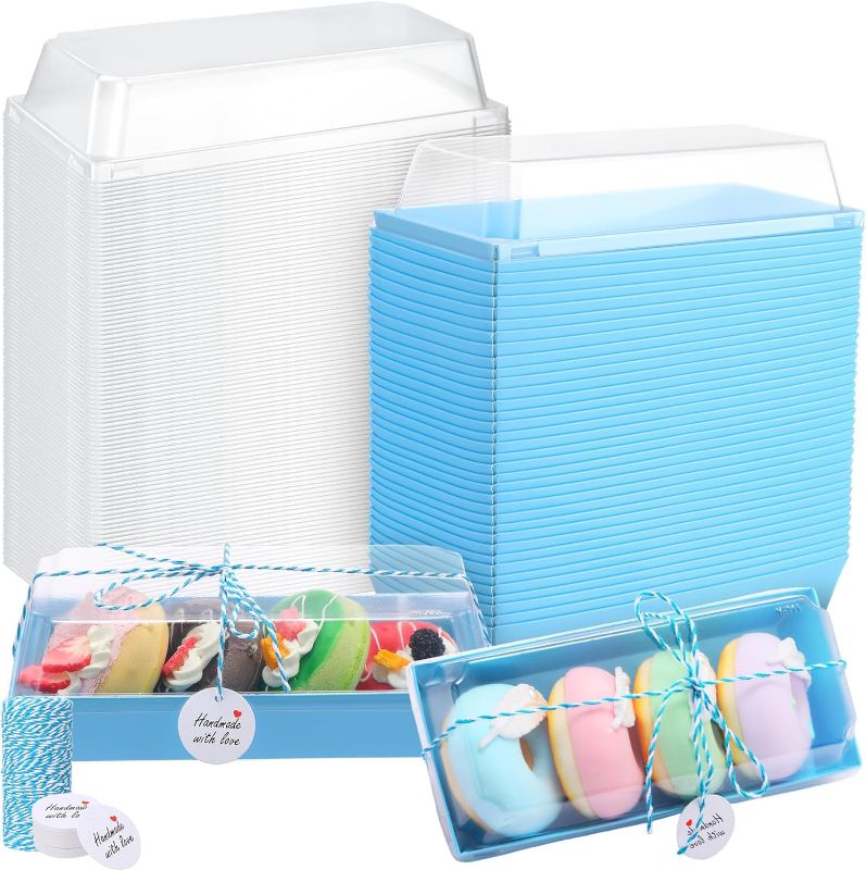 Photo 1 of 100 Sets Paper Charcuterie Boxes with Clear Lids Disposable Food Containers 7.5 in Long Rectangular Sandwich Roll Cake Box with Secure Window and 100 Tags 328 ft Twine for Bakery Dessert Cookie(Blue)