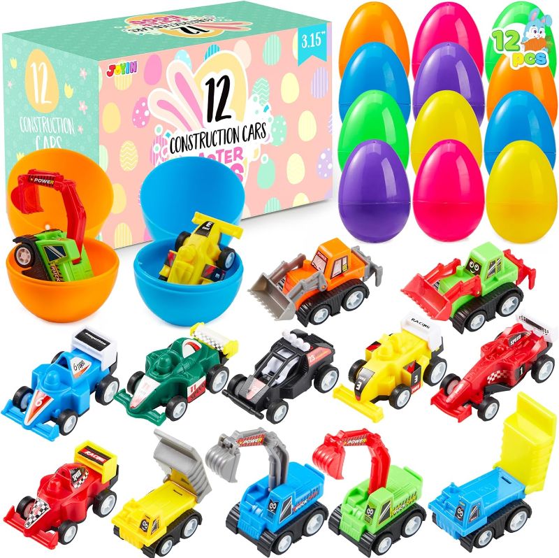 Photo 1 of JOYIN 12 Pcs Filled Easter Eggs with Toy Cars, Colorful Prefilled Pull Back Construction Vehicle and Race Car for Kids Boys Hunt, Basket Stuffers, Party Favors
