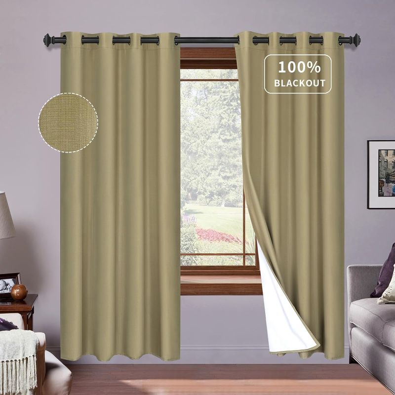 Photo 1 of PureFit Linen 100% Blackout Curtains 84 Inch Length 2 Panels Set Room Darkening Thermal Insulated Window Curtain Drapes for Bedroom Nursery with Anti-Rust Grommets & Energy Saving Liner, Khaki
