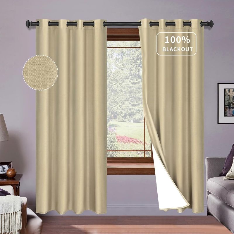 Photo 1 of PureFit Linen 100% Blackout Curtains 84 Inch Length 2 Panels Set Room Darkening Thermal Insulated Window Curtain Drapes for Bedroom Nursery with Anti-Rust Grommets & Energy Saving Liner, Khaki
