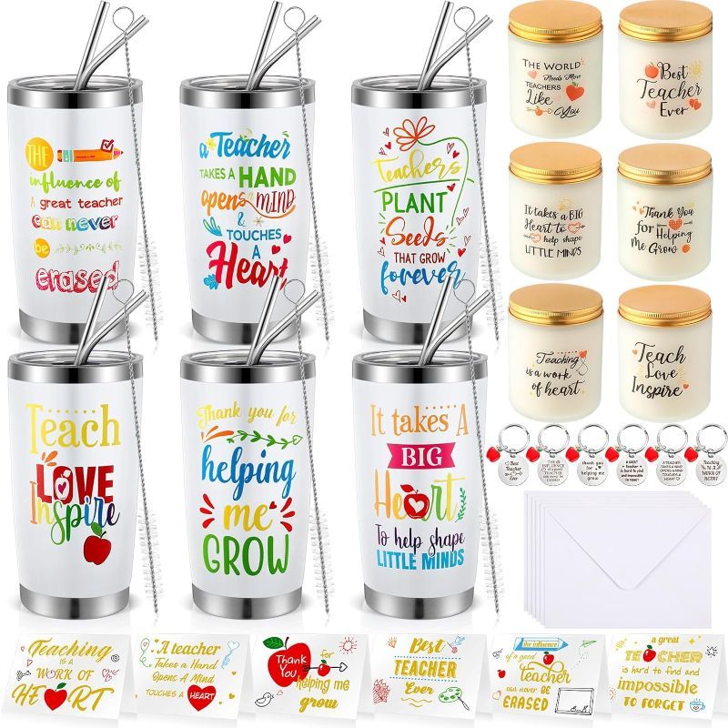 Photo 1 of Uiifan 30 Pcs Teacher Appreciation Gifts Bulk 6 20oz Tumbler Coffee Mug 6 Scented Jar Candles 6 Key Chain 6 Greeting Card with Envelope for Women Men Teachers Thank You Gift, Daycare Teacher Gifts
