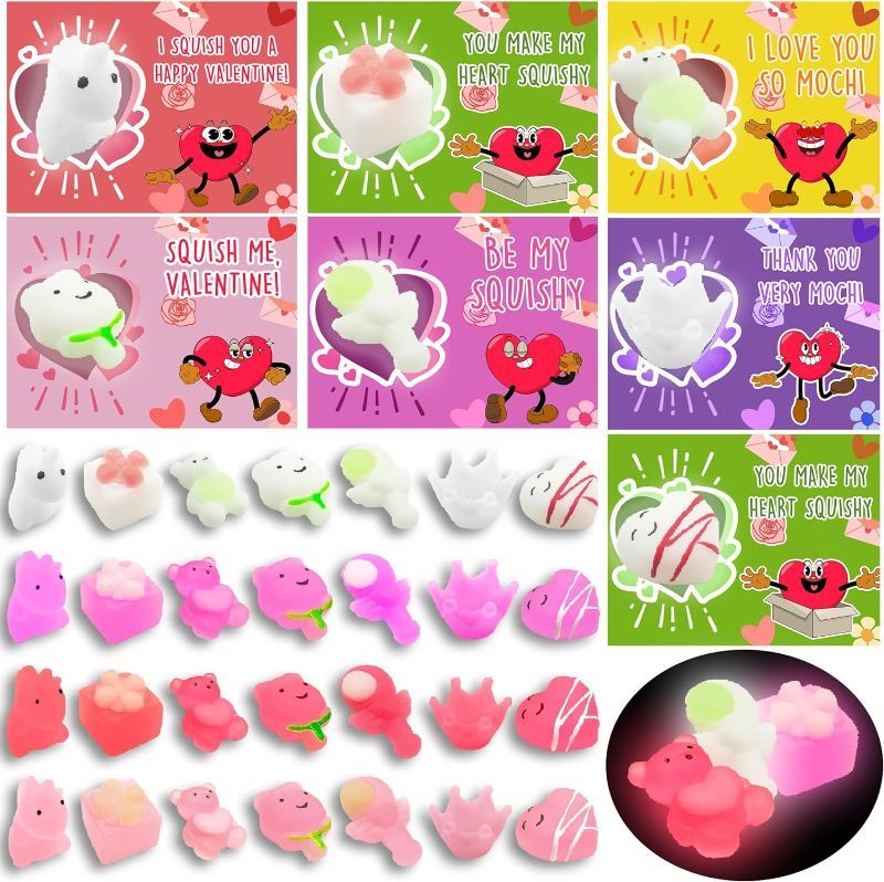 Photo 1 of Hexagram Valentines Day Gifts for Kids, 28 Mochi Squishy Squeeze Toys Glow in The Dark with 28 Valentines Cards for Kids Classroom, Valentines Day Exchange Cards for Kids School Party Favors
