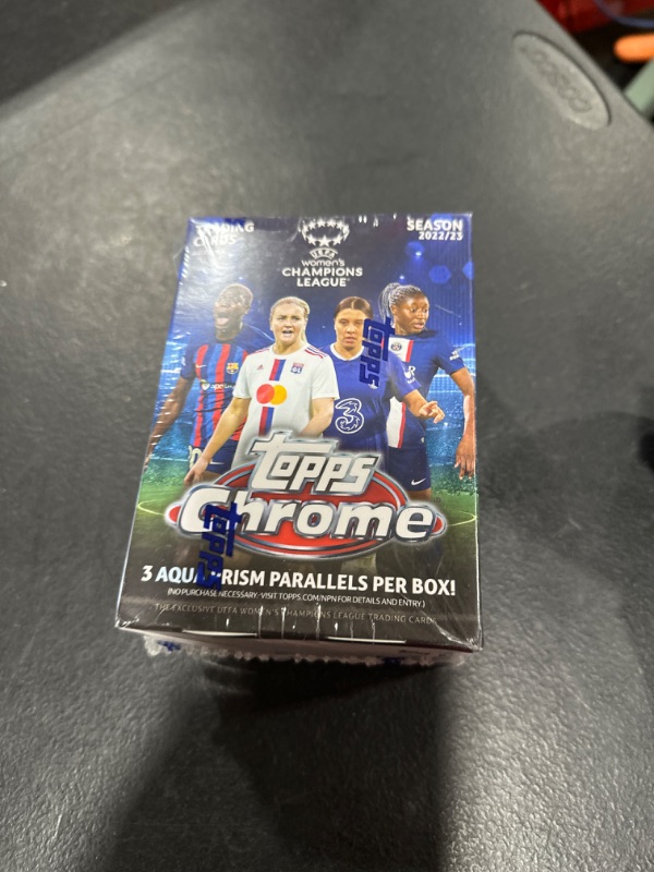 Photo 2 of 2022 2023 Topps Chrome UEFA Women's Champions League Soccer Collection Factory Sealed Blaster Box with 3 Exclusive Aqua Prism Parallels Per Box