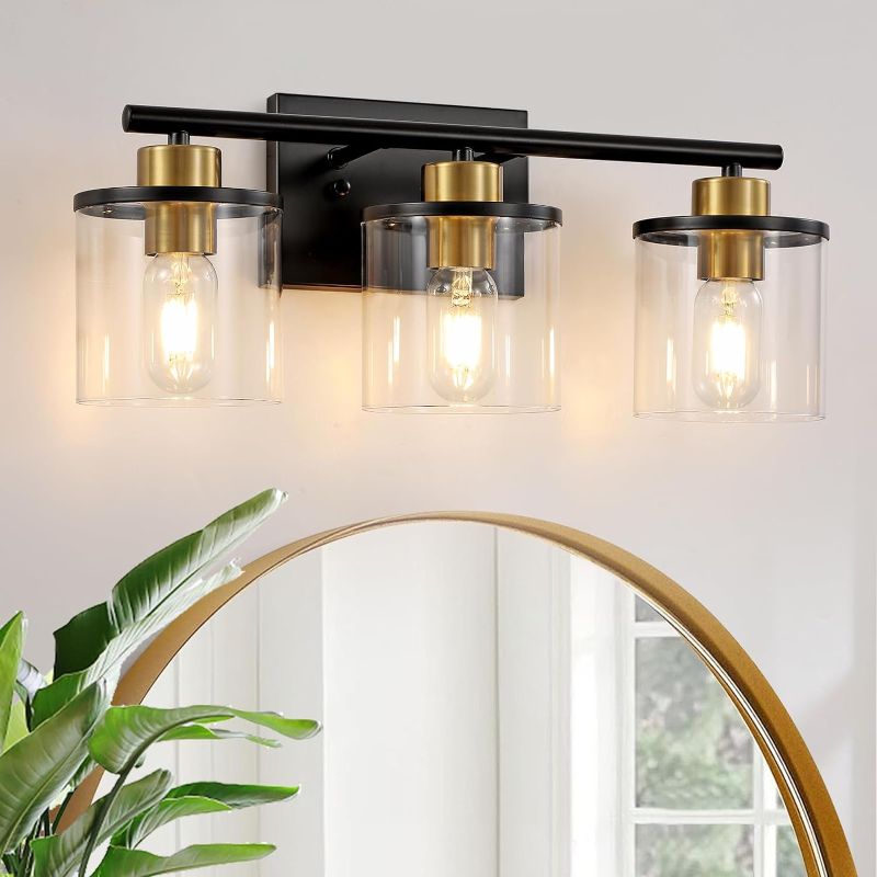 Photo 1 of Gold and Black Bathroom Vanity Light Fixtures Over Mirror, 3-Light Light Fixtures for Bathroom, Modern Sconces Wall Lighting with Clear Glass Shade for Bathroom, Living Room, Bedroom, Hallway
