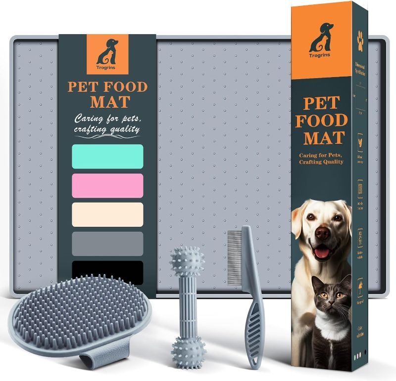Photo 1 of Dog Food Mat - Bonus with 3 PCS Pet Kit including Comb, Brush, and Chewing Toy, Waterproof Silicone Pet Feeding Mat for Food and Water, Raised Edge Cat Bowl Tray, Size: Small (19"x12") - Gray
