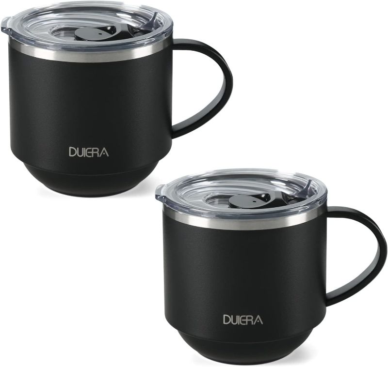 Photo 1 of DUIERA Coffee Cup Travel Coffee Mug 12 oz Insulated Tumbler Protable Stainless Steel Water Cup with Lid and Handle, Small Coffee Mug,to Go for Iced/Hot Coffee, Black, 2 PACK
