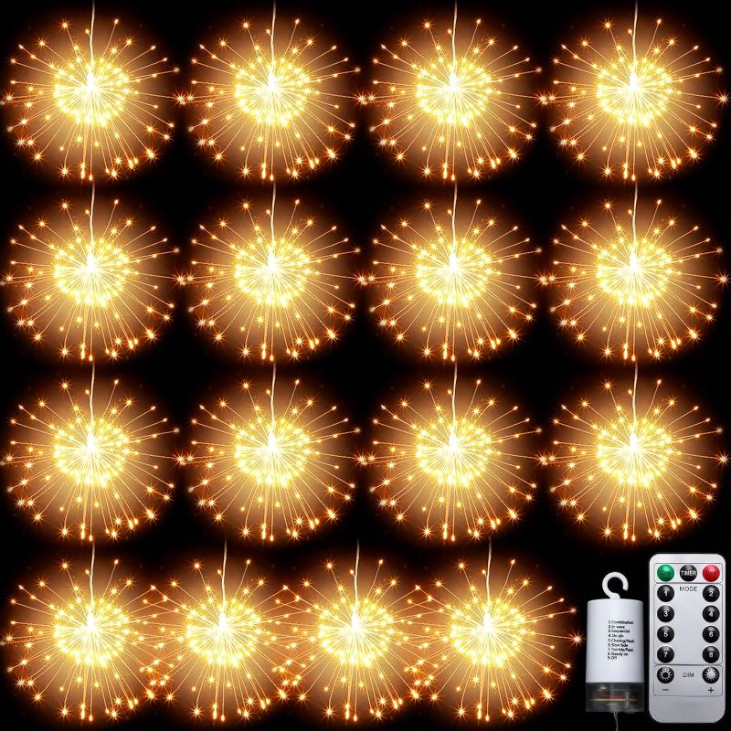 Photo 1 of 16 Pack Firework Lights LED Copper Wire Starburst Light Waterproof Hanging Fairy Lights with Remote 8 Modes Battery Operated Fairy Decorative Lights for Christmas Patio Outdoor, Warm White
