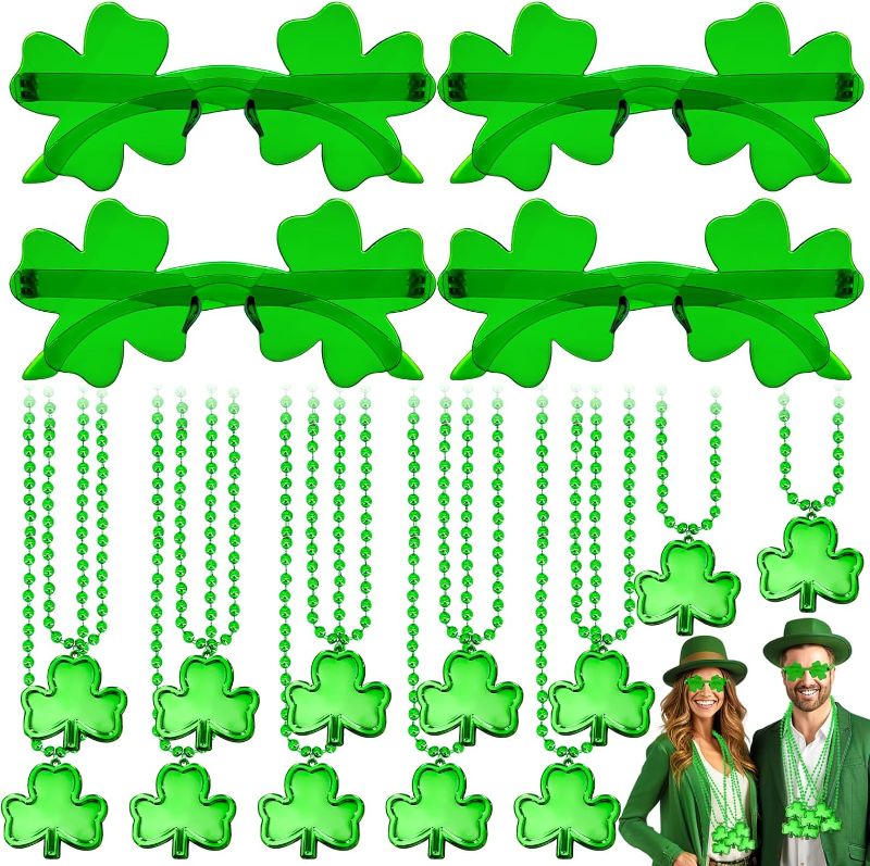 Photo 1 of TURNMEON 16 Pack St Patricks Day Accessories Include 12 Shamrocks Beads Necklaces 4 Green Shamrocks Sunglasses St Patricks Irish Party Favors Supplies
