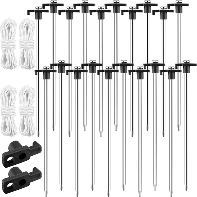 Photo 1 of 20 Pcs 10 Inch Heavy Duty Tent Stakes Pegs Metal Ground Stakes Pop Up Tent Pegs Camping Stakes with 4 Pcs 10ft Ropes for Camping Pitching Tent Canopies (Black) 