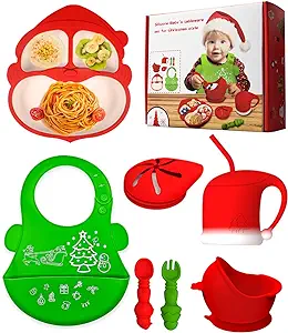 Photo 1 of Silicone Baby Feeding Set for Christmas,Toddler Plates and Bowls Set with Suction, Baby-Led Weaning Supplies with Adjustable Bib, Sippy Cup,Chewable Spoons & Forks, Baby Utensils 6+Months