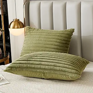 Photo 1 of Uhamho Bed Pillowcase Queen Set of 2 Striped Faux Rabbit Fur and Velvet Back Rectangle Lumbar Pillow Covers Shams Modern Home Decorative (Sage, 20 x 30 Inch) 