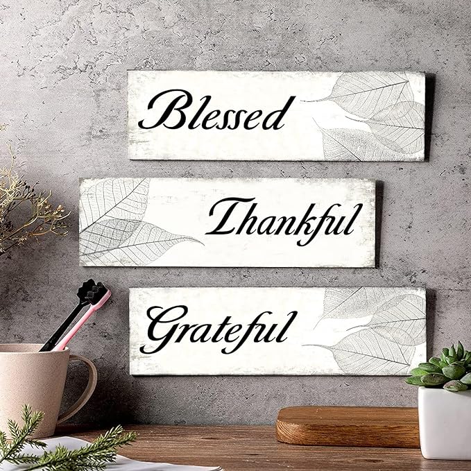 Photo 1 of 3 Pieces Grateful Thankful Blessed Wood Signs Wooden Wall Art Decorations Positive Word Wooden Wall Plaque Leaves Prints Spring Summer Sign Thanksgiving Day Wall Decor for Living Room Kitchen