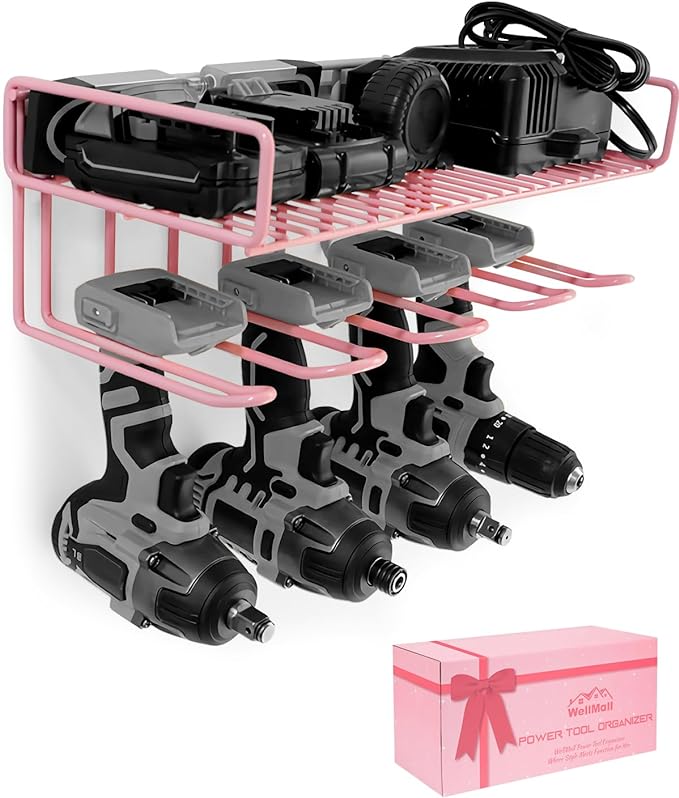 Photo 1 of WellMall Pink Power Tool Organizer - Wall Mount Style for Power Tool Drill Storage as Heavy Duty Tool Shelf & Tool Rack with Compact Design