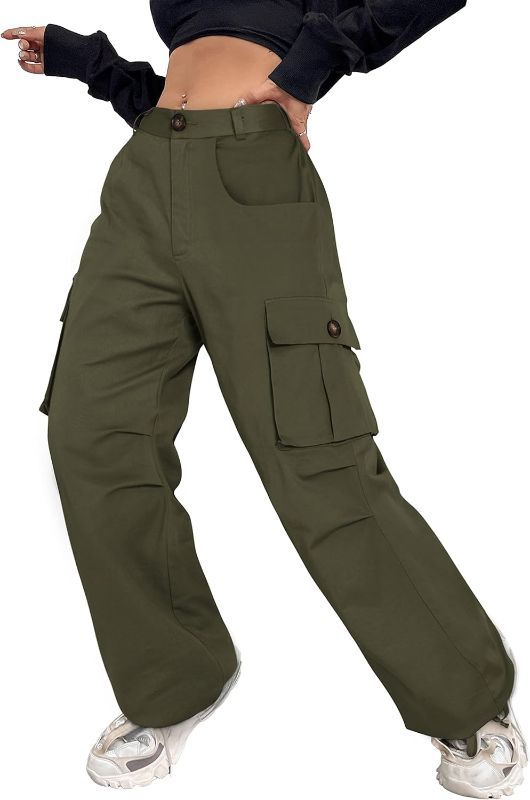 Photo 1 of LOLOCCI Cargo Pants Women Pants High Waisted Baggy Streetwear Women Cargo Pants Small Army Green