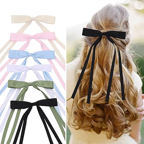 Photo 1 of Purggy 6 Pcs Hair Bows for Women Clips -Hair Ribbon Bowknot Tassel Claw Barrettes with Long Tail for Women and Girls Hair Accessories