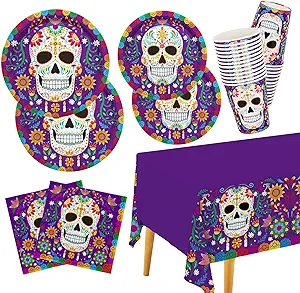 Photo 1 of Day of the Dead Party Supplies Kit Serve 25, Includes Disposable Sugar Skull Dinner Plates, Dessert Plates, Napkins, Cups and Tablecloth, Perfect for Día de los Muertos Party Decorations