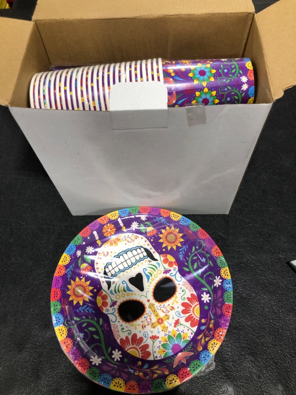 Photo 2 of Day of the Dead Party Supplies Kit Serve 25, Includes Disposable Sugar Skull Dinner Plates, Dessert Plates, Napkins, Cups and Tablecloth, Perfect for Día de los Muertos Party Decorations