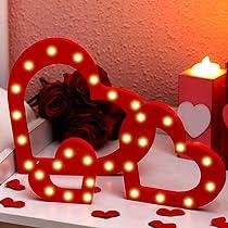 Photo 1 of 3 Pieces Valentines Day Hearts Table Decorations Heart Light up Wooden Sign Valentines Day Tabletop Centerpiece Red Wood Decor for Tray Table Home Decor