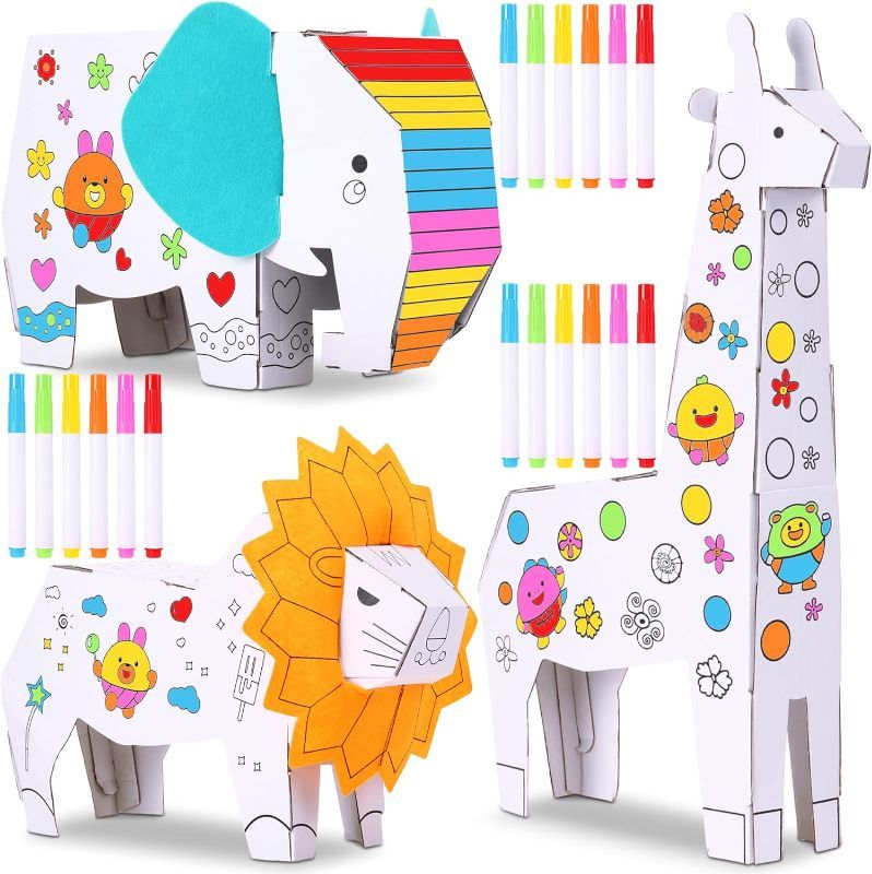 Photo 1 of Kosiz 3 Sets Kids Animals Arts and Crafts 3 Style 3D Animal Paper Craft for Kids to Color with 18 Colored Pens Elephant Giraffe Lion Cardboard Animals Model for DIY Doodle Color Draw Decorate Splicing
