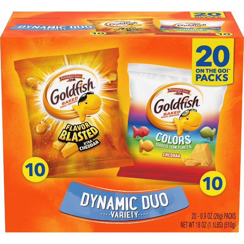 Photo 1 of Goldfish Dynamic Duo Variety Pack, Colors Cheddar & Flavor Blasted Xtra Cheddar, Snack Packs, 20 Ct BB 06.05.24