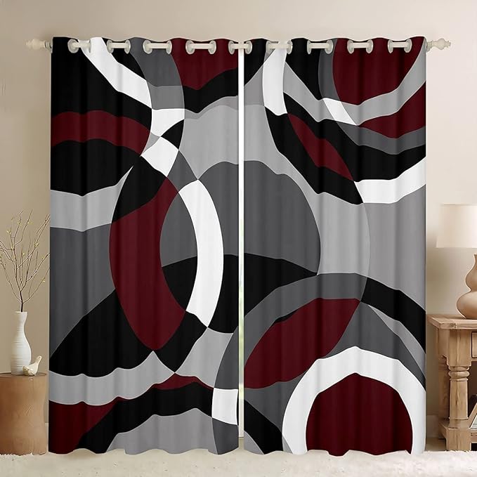 Photo 1 of Feelyou Circle Geometry Curtains for Bedroom Kids Rurgundy Red Gray Swirl Darkening Curtains Modern Stripes Blackout Curtains(30%-50%) Geometric Window Drapes Decor (2 Panels, 52 x 63 Inch) 
