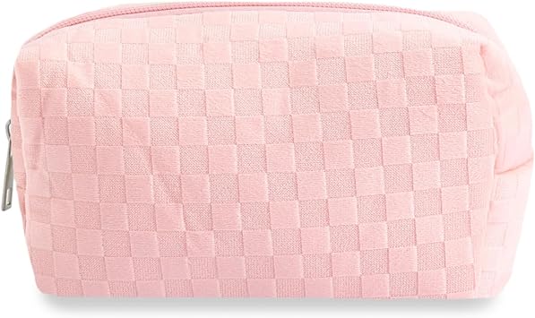 Photo 1 of Checkered Makeup Bag Cosmetic Bag for Women, Solid Color Travel Makeup Bag Storage Bag Toiletry Bag Wash Bag with Zipper Pouch,Pink