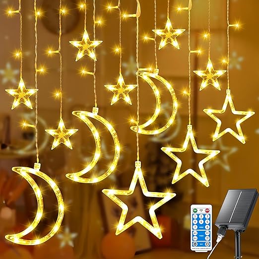Photo 1 of Solar Lights Outdoor Moons Stars String Lights 138LED Solar Curtain Lights USB Rechargeable 8 Lighting Modes Timmer Remote Twinkle Fairy Lights for Patio Gazebo Ramadan Porch Window Backyard Tent
