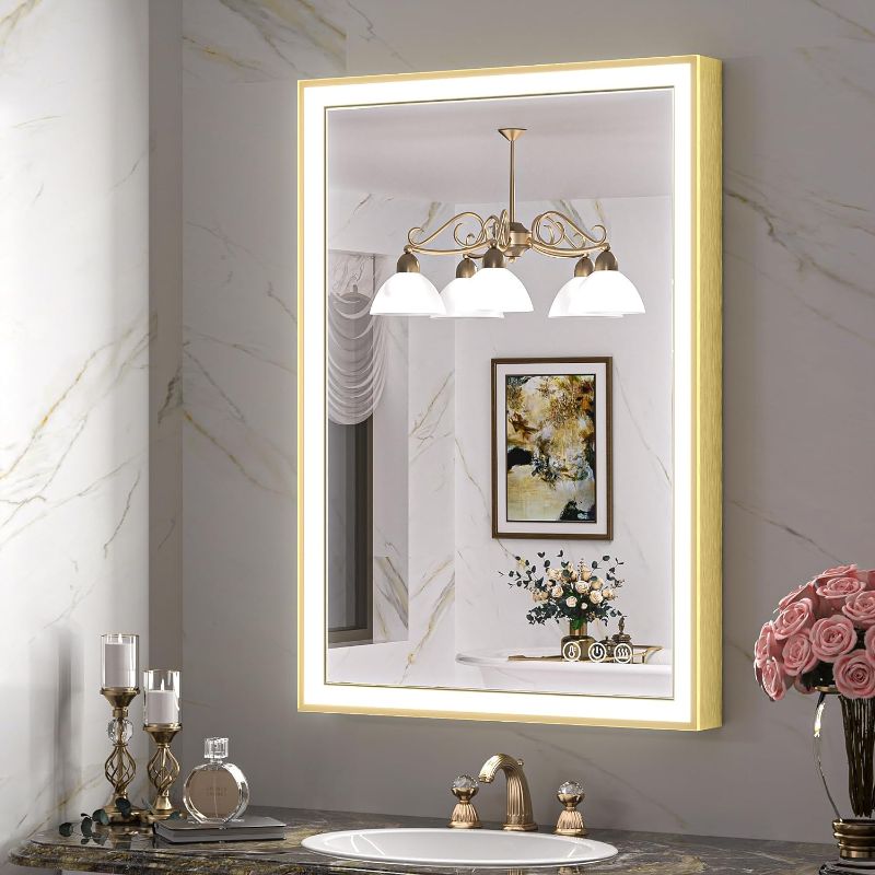 Photo 1 of TokeShimi 24 x 36 Inch Gold LED Bathroom Vanity Mirror with Lights with 45° Angled Beveled Light, 3 Colors, Anti-Fog,Aluminum Alloy Matte Frame, Memory Funtion Stepless Dimmable for Modern Decor