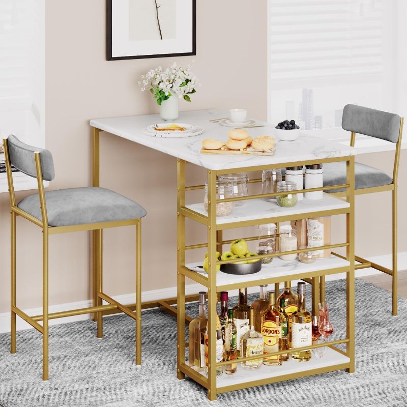 Photo 1 of IDEALHOUSE Kitchen Table Set, Dining Table and Chairs for 2 with Storage Shelf, Dining Room Table Set with 2 Upholstered Chairs, Bar Dining Table Set for Small Spaces, Apartment, Grey and Gold White 