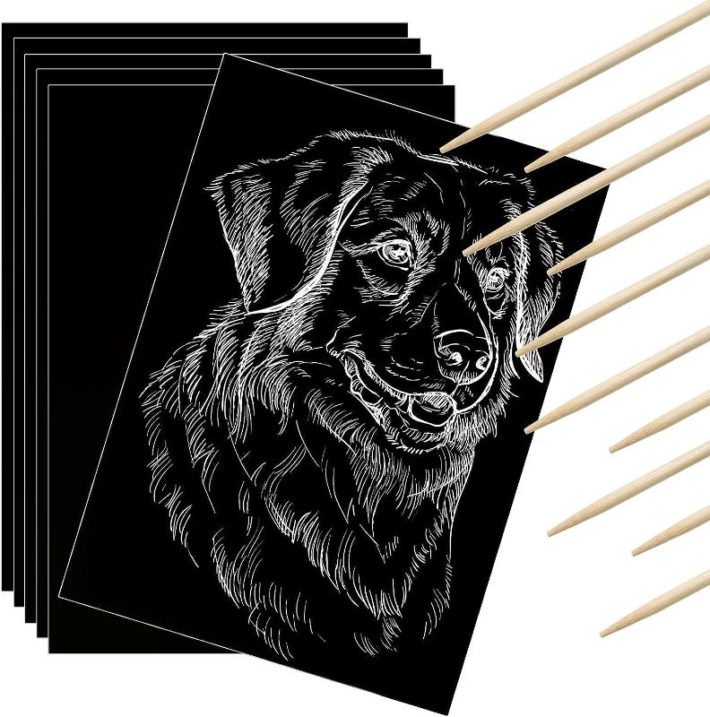 Photo 1 of Gersoniel Scratch Paper Art Set Kids Craft Kits Scratch Off Paper Black Coated Scratchboard Black Scratch Notes with Wooden Stylus for Valentines Day Gifts Birthday Party Supplies (50)

