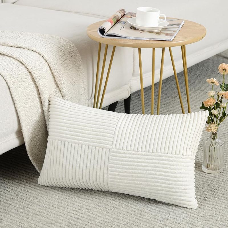 Photo 1 of Fancy Homi Cream White Lumbar Decorative Throw Pillow Covers 12x20 Inch for Living Room Couch Bed Sofa, Rustic Farmhouse Boho Home Decor, Soft Striped Corduroy Rectangle Accent Cushion Case 30x50 cm
