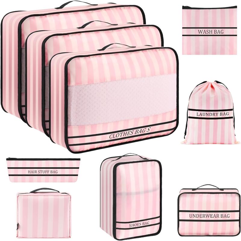 Photo 1 of Ougrand 9 Set Packing Cubes Luggage Packing Organizers for Travel Accessories Space Saving Travel Bags for Carry On, Lightweight Mesh Zipper, Clothes, Shoes and Laundry Bag, Suitcases (Pink Streak)
