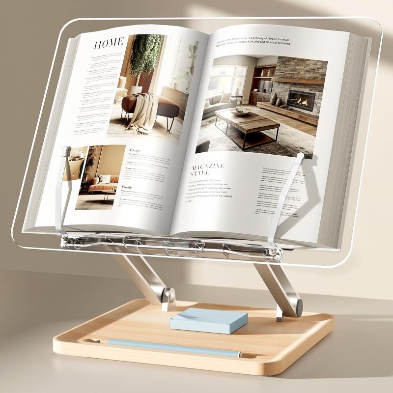 Photo 1 of Adjustable Acrylic Book Stand for Reading, UPERGO Book Holder with Pen Slot, Foldable Desktop Riser for Laptop, Recipe, Textbook - Hands-Free,Cookbook Stand, Clear Design with Page Clips
