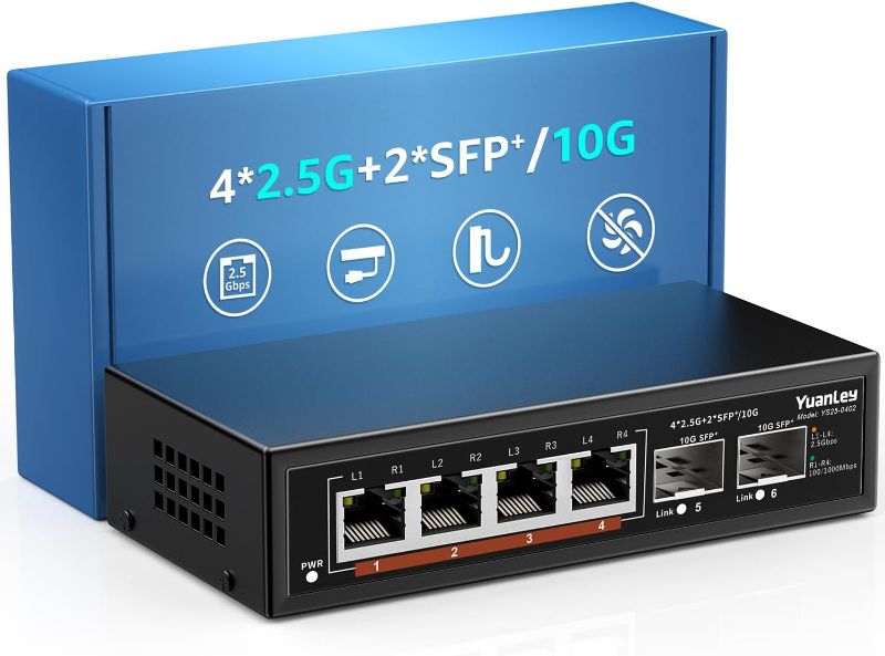 Photo 1 of 6 Port 2.5G Umanaged Ethernet Switch, 4 x 2.5G Base-T Ports, 2 x 10G SFP, Compatible with 100/1000/2500Mbps, Metal Fanless, Desktop/Wall Mount YuanLey 2.5Gbe Network Switch for Wireless AP, NAS, PC
