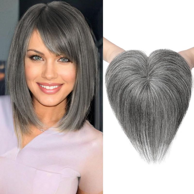 Photo 1 of REECHO Grey Hair Toppers for Women Real Human Hair, 6 Inch Hair Toppers for Thin Hair, Topper Hair Pieces with Bangs, Clip In Wig Hair Topper Top Hair Extensions - Grey/Black Mixed