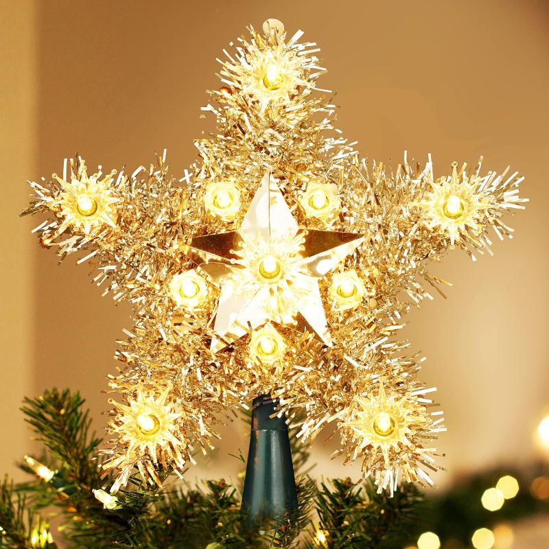Photo 1 of BrizLabs Christmas Tree Topper, 8" 11 Bulbs Warm White Star Xmas Topper Lights, 120V UL Certified 5 Point Star Plug in Christmas Treetop Lighted for Xmas Indoor Party Holiday Home Ornament Decor