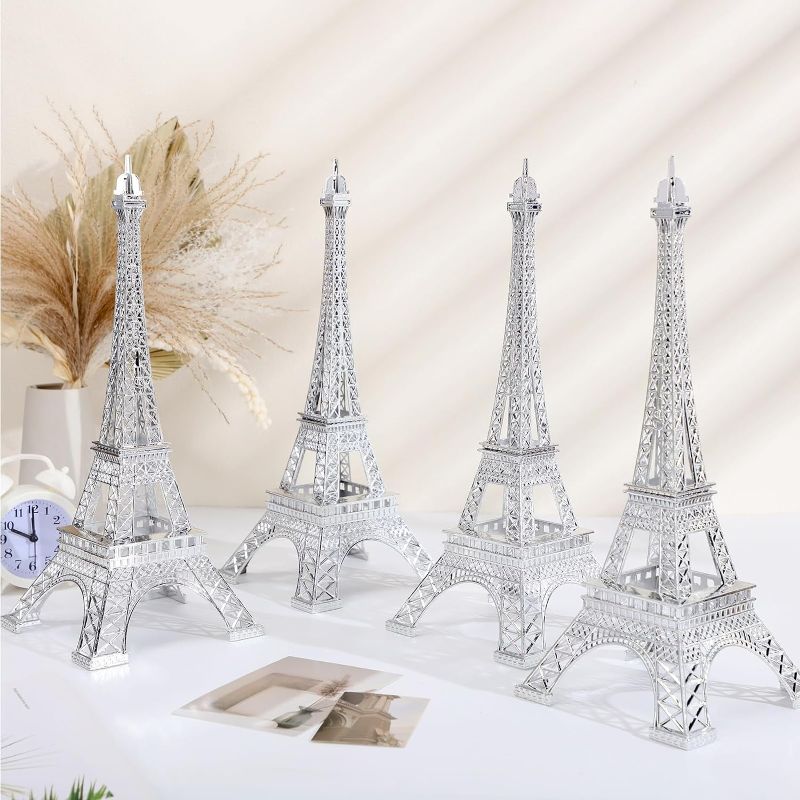 Photo 1 of 4 Pcs 15 Inch Eiffel Tower Statue Decor Metal Paris France Eiffel Tower Model Figurine Paris Eiffel Tower Craft Art Statue Model Desk Room Decoration Gift for Party Table Cake Topper (Silver)