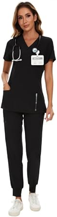 Photo 1 of Scrubs for Women Set - Stretch V-Neck Scrub Top & Jogger Pant with 8 Pockets