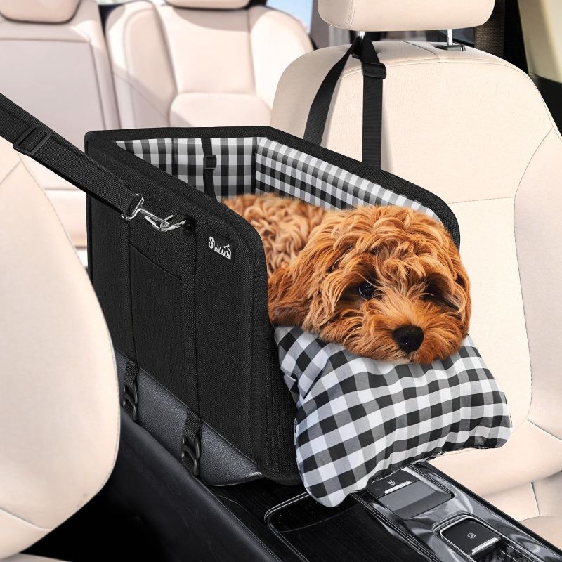 Photo 1 of SlowTon Console Dog Car Seat - Portable Dogs Armrest Booster Seat for Small Dog, Anti-Collapse Pet Car Seat with Soft Cushion Safety Belt, Support Pet Up to 11lbs (Black)
